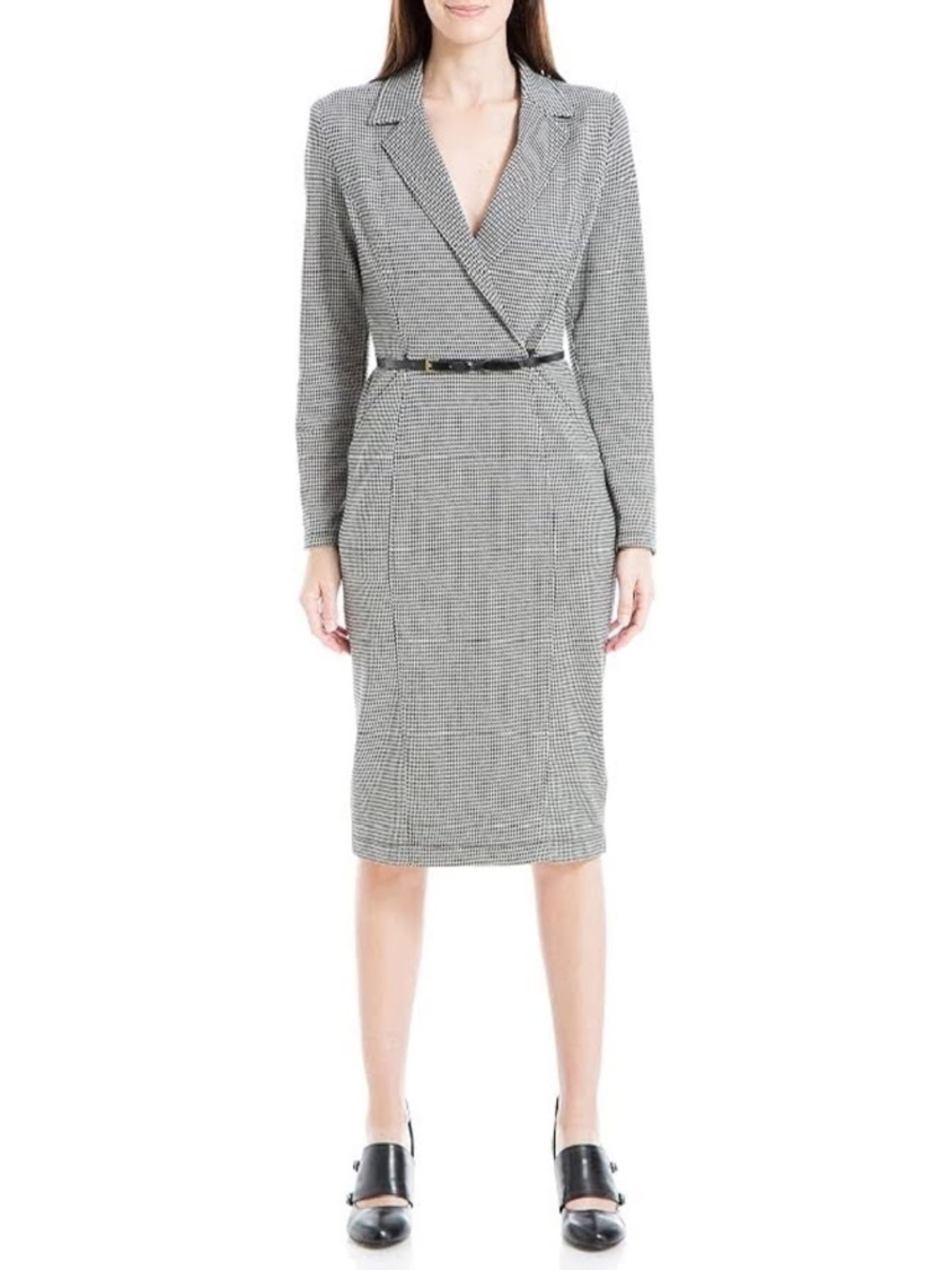 Max Studio Houndstooth Long-sleeve Notch Collar Belted Wrap Midi Dress Size XL